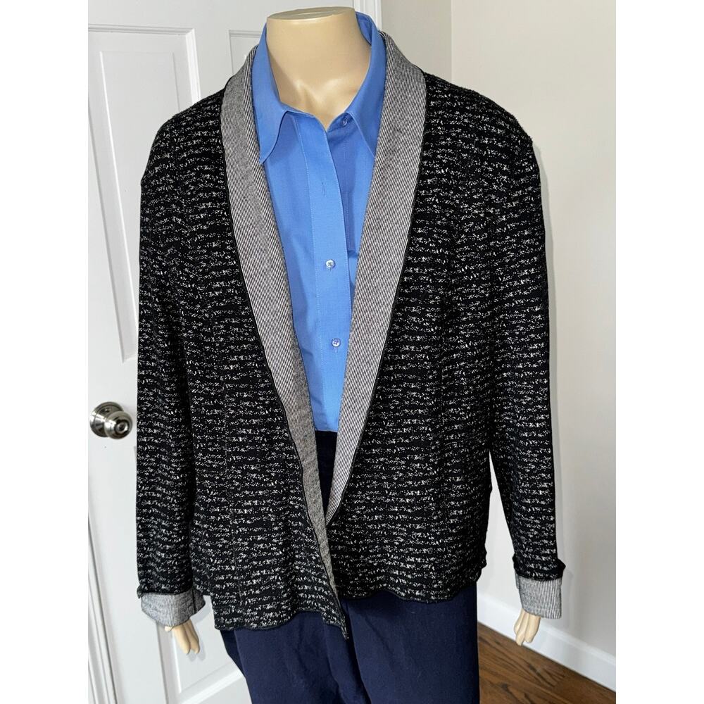 Tribal Womens XL Black White Textured Open Front Cardigan Striped Shawl Collar‎